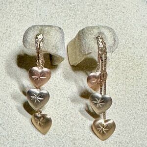 14k Multi-tone Rose, Yellow & White Gold Dangle 3 Heart Star Earrings Lot 522